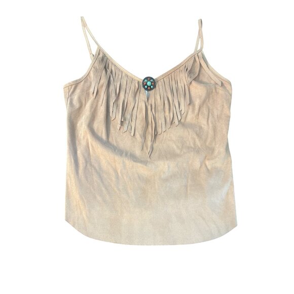 Vintage Y2K Bebe Faux Suede Tan Tank Top Fringe Charm Adj Straps Sz M USA NWT - Picture 1 of 7